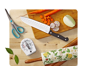 Rolling pin, kitchen shears, tongs and timer.