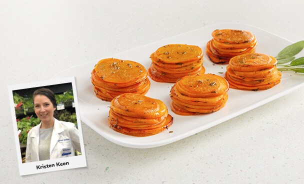 Photo of Kristen Keen, MBA, RDN, LD next to 6 perfectly plated stacks of sweet potatoes. 