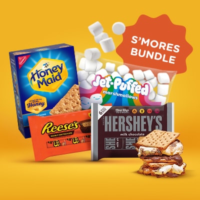 S’mores bundle with Nabisco Honey Maid graham crackers, Jet Puffed marshmallows, Hershey's milk chocolate, and Reese’s peanut butter cup. And a sweet, melty double-decker smore.