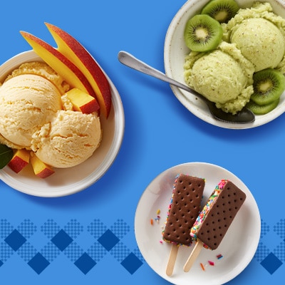 Delicious green kiwi ice cream, peach ice cream with fresh peaches, and rainbow sprinkled ice cream sandwiches.