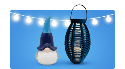 Garden gnome, lantern and patio decorations.
