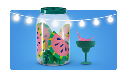 Batch drink cooler with watermelon print and shatterproof margarita glass.