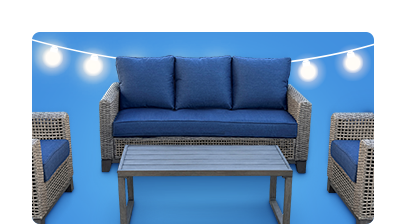 Weatherproof patio furniture set with couch, table and chairs.