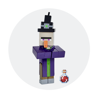 gray background with minecraft witch figure