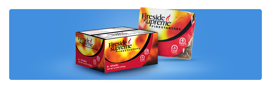 A box and a bag of Fireside Supreme fire starters.