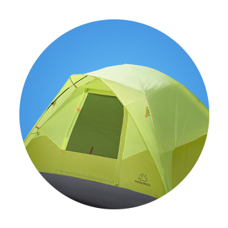 A green camping tent on a blue background.