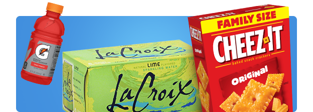 12 ounce fruit punch Gatorade bottle, La Croix lime sparkling water and Family Size Cheez-Its