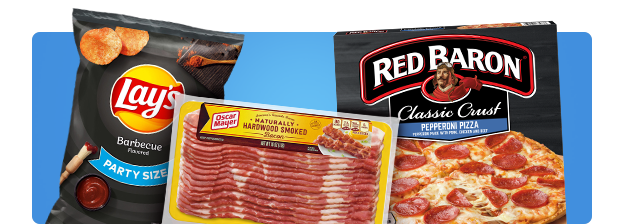Party Size Barbecue-flavored Lay’s potato chips, Oscar Meyer hardwood smoked  bacon and Red Baron classic crust pepperoni pizza