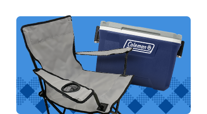 A gray fold-out lawn chair and blue plastic cooler on a blue background.