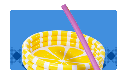 A yellow lemon-print kiddie pool and pink pool noodle on a blue background.
