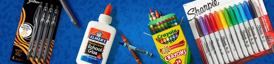 Pens, glue, crayons, markers, and more starting at 0.39.