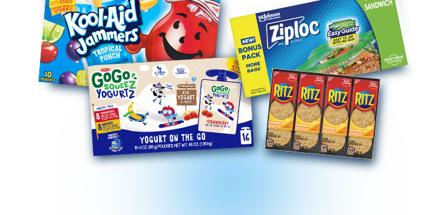 Box of Kool-Aid Jammers next to a box of Ziploc bags, a box of Go Go Squeeze Yogurtz, and a pack of Ritz crackers.