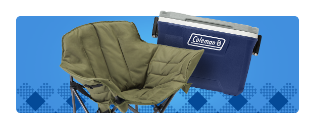 A green folding chair with a blue Coleman cooler.