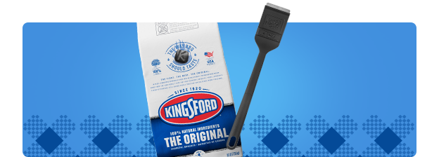 A bag of charcoal and a black spatula on a blue background.