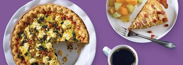 breakfast quiche, scones and bacon with coffee