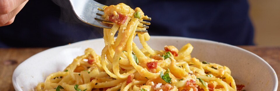 bowl of Pumpkin Pasta Carbonara