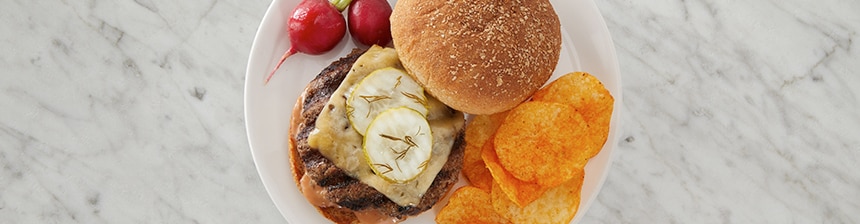 Grilled Burgers with Smoked Gouda and Spicy Pickles Recipe