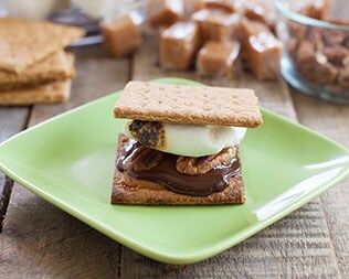 smore with pecans and melted chocolate on a green paper plate smore with pecans and melted chocolate on a green paper plate