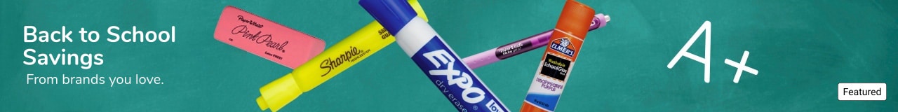 Back to school, A+ savings from brands you love. Featuring Elmer's Glue Stick, Sharpie Highlighters, Expo dry erase markers and more.
