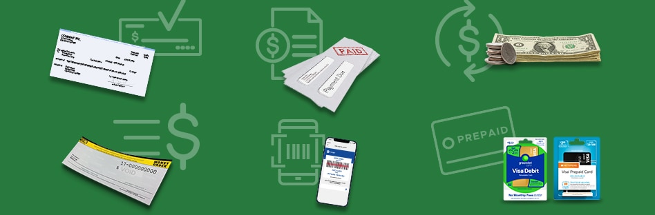Consolidated representation of all the money services available at Fred Meyer including check cashing, bill pay, money transfers, money orders, account funding, and prepaid cards.