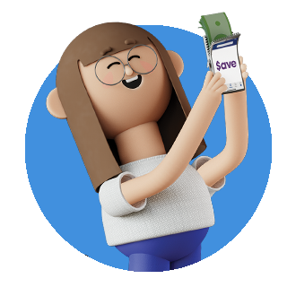 Smiling Kroger kroji cartoon holding up a cell phone that says “Save”, with money coming out of the top.