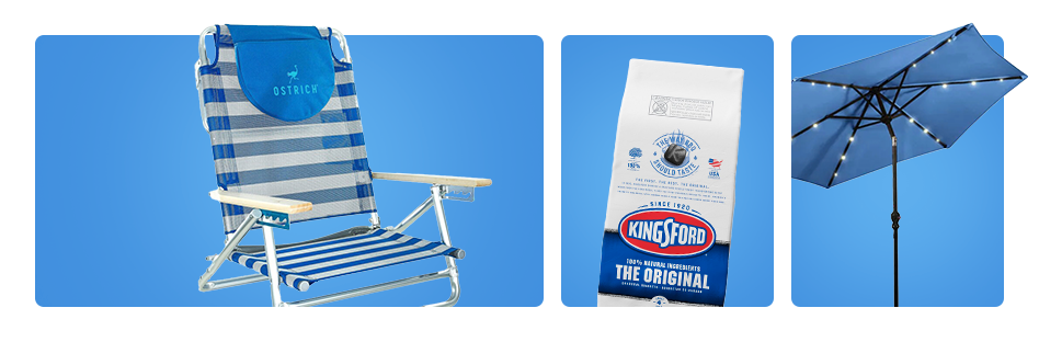 Find all your outdoor necessities for this spring including folding lounge chairs, lit-up sun umbrellas and charcoal for the grill.